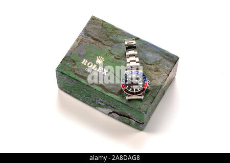 Rolex Oyster GMT Master  Pepsi wristwatch on box. Stock Photo