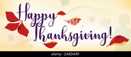 Horizontal Happy Thanksgiving facebook cover, web page, site banner template. Collage of handwritten font, autumn branch, falling grape leaves, girl Stock Vector