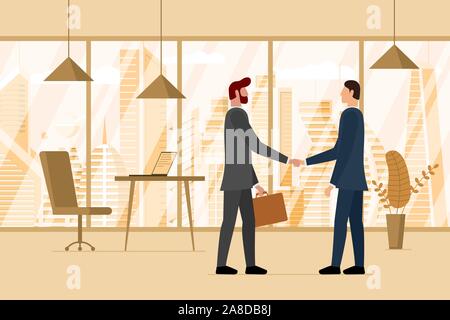 Two businessmen handshake in modern office with future city through window. Partnership business men came agreement and completed deal work shake hands. Teamwork trust solution vector illustration