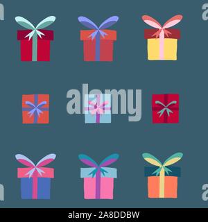 Collection of gift boxes on green backdrop. Christmas, Valentine, Anniversary, birthday. Holiday element set. Stock Vector