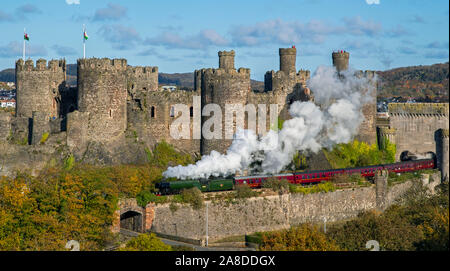 The Flying Scotsman passes Conwy Castle, North Wales on its way to Holyhead. Stock Photo