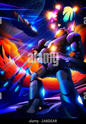 An imagery scientific illustration of space battle scene that marine standing on the cliff and looking up to battling scene in the sky. Stock Vector