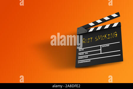 Quit Smoking message written on a film slate with handwritten yellow chalk on orange background. Realistic design with copy space. 3d rendering. Stock Photo