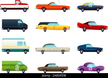 cartoon twelve car collection, with different sizes and colours vector illustration. Stock Vector
