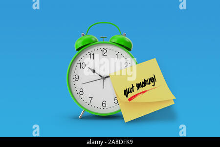 Quit Smoking message written on yellow sticky note paper attached to a green alarm clock on blue background. Realistic design with copy space. 3d rend Stock Photo