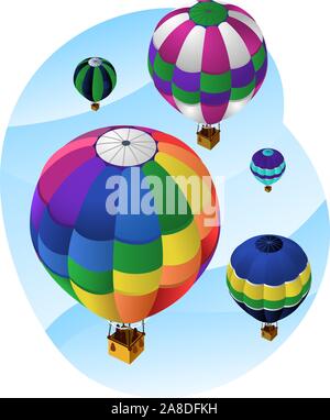 Hot Air Balloons in the sky, with five different air balloons in different colors and sizes going up to the sky. Vector illustration cartoon with sky Stock Vector
