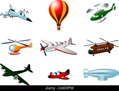 Flying Aircraft Plane Air Balloon Helicopter Zeppelin Vector Illustration cartoon. Stock Vector