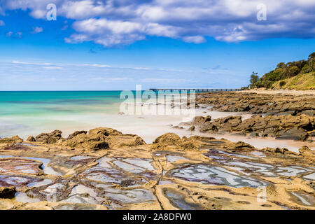 The rocky shoreline surrounding the seaside town of Lorne, Victoria, Australia.