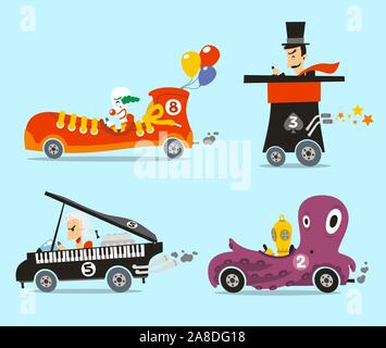 Crazy cars vector illustration cartoon set, with four different strange cars like, snicker car, top hat cat, piano car and octopus car. Stock Vector