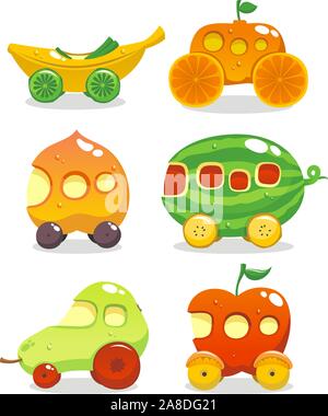 Fun set of six cars made up out of fruits Stock Vector