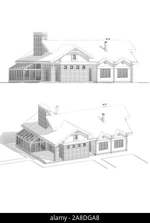 3d pencil sketch illustration of a modern private house, different points of view - facade and back yard. Stock Photo