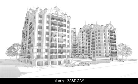 3d pencil sketch keystoning perspective illustration of a modern multistory building exterior facade and yard landscape design Stock Photo