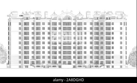 3d pencil sketch illustration of a modern multistory building exterior facade and yard landscape design Stock Photo