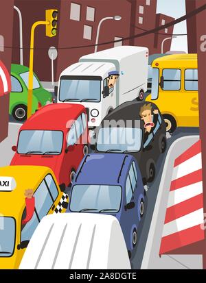 traffic jam in the city illustration Stock Vector