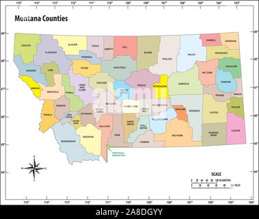 montana state outline administrative and political map in color Stock Vector