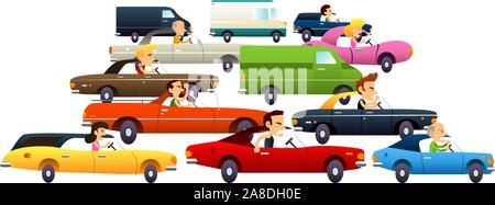 Traffic jam with cartoon cars and really angry and annoyed characters. Vector Illustration Cartoon. Stock Vector