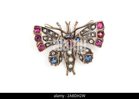 Butterfly diamond, emerald, ruby, sapphire, garnet gems brooch Stock Photo