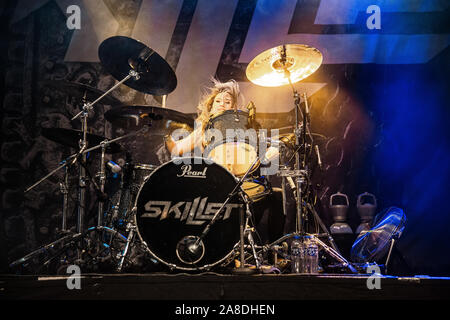 Copenhagen, Denmark. 07th Nov, 2019. The American Christian rock band Skillet performs a live concert at Amager Bio in Copenhagen. Here drummer Jen Ledger is seen live on stage. (Photo Credit: Gonzales Photo/Peter Troest/Alamy Live News Stock Photo