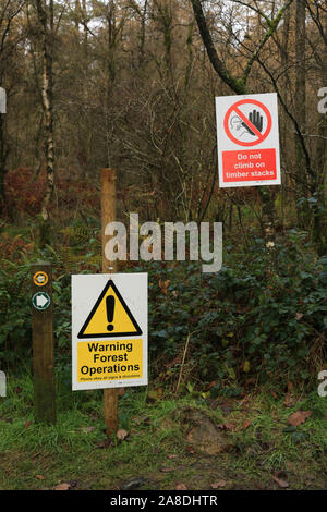 Forest operations warning signs in the English Lake district. Stock Photo