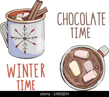 Set of hand drawn vector mugs with hot chocolate isolated on white. Cups with Christmas beverage cinnamon and marshmallow. Winter holiday mood board. Stock Vector