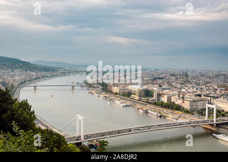 Panoramic shot of Budapest from Gellert Hill. Danube River, Chain Bridge, Parliament Building, Buda and Pest views. Budapest, Hungary. Stock Photo