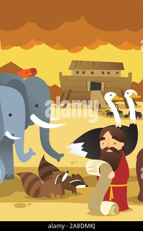 Noah with animals and arc genesis illustration Stock Vector