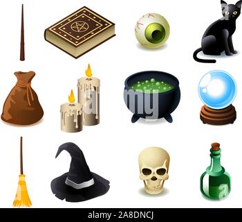 Black magic elements, with magic wand, magic book of spells, potion's book, eye, black cat, bag, candle, magic potion pot, magic crystal ball, magic b Stock Vector