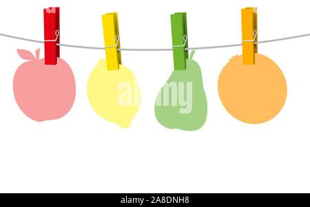 Four colored paper fruits and clothes pins on a clothes line rope - illustration on white background. Stock Photo