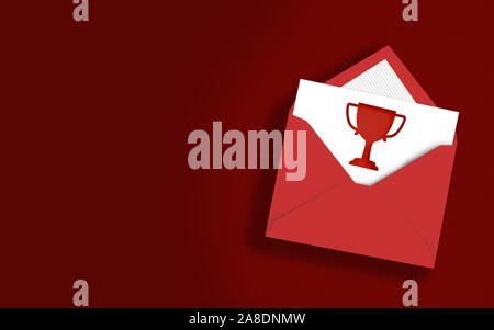 Prize icon in an envelope on red background. High resolution image with copy space. Realistic shadows. 3D Rendering. Stock Photo