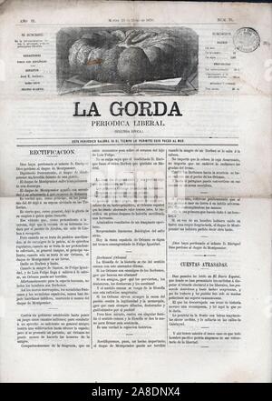 Portada del periódico liberal La Gorda, editado en Madrid, marzo de 1870. Stock Photo