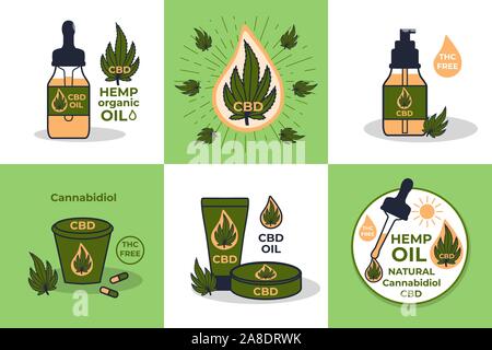 Set CBD Hemp oil signs. Illustration bottle with a pipette and a drop, medical pills, spray and cream. Vector design Stock Vector