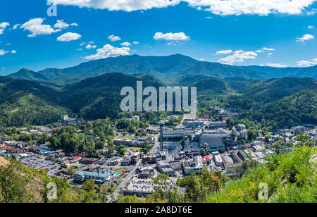 Overall view from above of the downtown in the Great Smoky Mountains resort town of Gatlinburg Tennessee in the United States Stock Photo