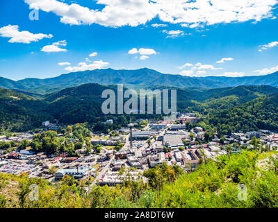 Overall view from above of the downtown in the Great Smoky Mountains resort town of Gatlinburg Tennessee in the United States Stock Photo