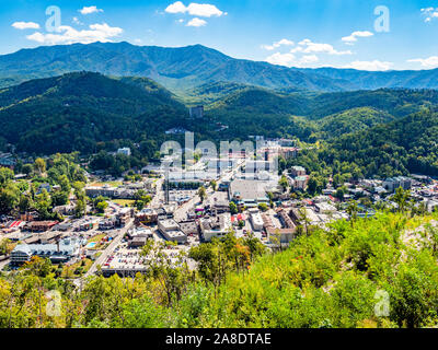 Overall view from above of the downtown in the Great Smoky Mountains resort town of Gatlinburg Tennessee in the United States Stock Photo