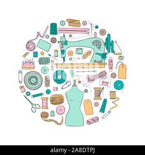 Sewing set in bauble shape. Threads, pins, needles, patch, zipper. For wrapping, tailor shop, Stock Vector
