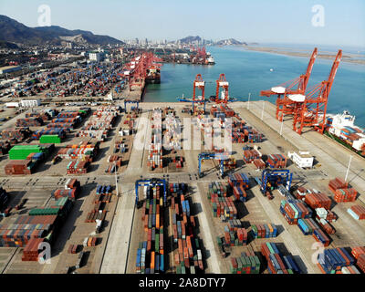 A view of a container terminal at Lianyungang Port in Lianyungang City ...