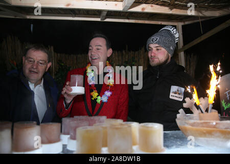 Manchester, UK. 8th November, 2019. TV personality and Strictly Come Dancing Judge, Craig Revel Horwood opens the Christmas Markets alongside Councillor Pat Karney.  Craig is appearing in Pantomime in the city 'Snow White and the Seven Dwarfs' at the Opera House in December. Craig visited the Ice Village and posed with some of the Ice sculptures. Ice Village, Cathedral Gardens, Manchester, Lancashire, UK. Credit: Barbara Cook/Alamy Live News Stock Photo