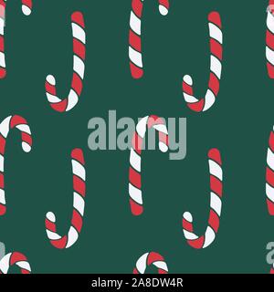 Vector seamless pattern with hand drawn christmas candies on dark green background. New Year and Christmas red and white sweet treats. Fabric, textile Stock Vector