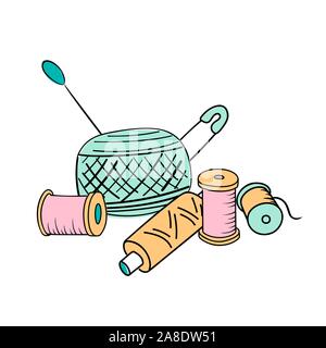 Sewing threads set as a multicolored background close up silhouette ink pen. Hand drawn engraving illustration, Safety pin, Stock Vector