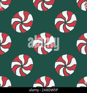 Vector seamless pattern with hand drawn christmas candies on dark green background. New Year and Christmas red and white sweet treats. Fabric, textile Stock Vector