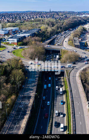 aerial view of the A50 dual carriageway at Stoke on Trent, Staffs, UK ...