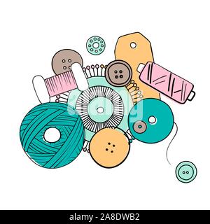 Sewing threads set as a multicolored background close up silhouette ink pen. Hand drawn engraving illustration, buttons, Stock Vector