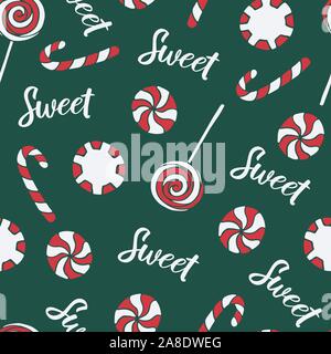 Vector seamless pattern with hand drawn christmas candies on dark green background. New Year and Christmas red and white sweet treats. Fabric, textile Stock Vector