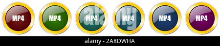 MP4 glossy icon set, silver metallic golden vector illustrations in 6 options for web design and mobile applications Stock Vector