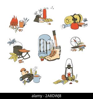 Camping set template. Hiking icons colored sketch style set. copy space. Vector illustration. Stock Vector