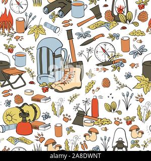 Camping set seamless pattern template. Hiking icons colored sketch style set. copy space. Vector illustration Stock Vector