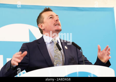 Little Mill, Pontypool, Monmouthshire, Wales - Friday 8th November 2019 - Richard Taylor is the prospective parliamentary candidate for the Brexit Party in the Blaenau Gwent constituency - Photo Steven May / Alamy Live News Stock Photo