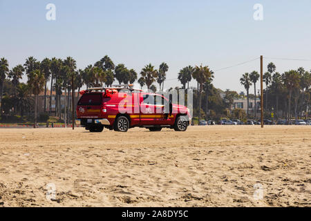 Lifeguards Toyota rescue vehicle patrolling the beach, Santa Monica, Los Angeles County, California, United States of America Stock Photo