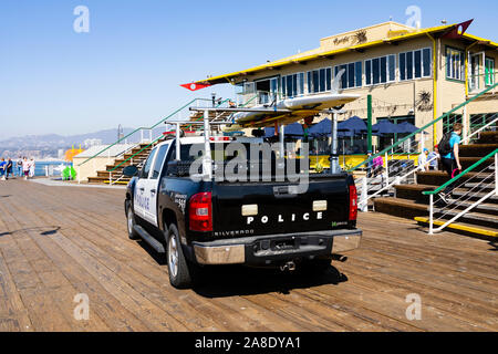 Santa Monica Police Dept Chevrolet Silverado patrol on the end of the pier, Los Angeles County, California, United States of America Stock Photo