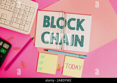 Word writing text Block Chain. Business photo showcasing system in which a record of transactions made in bitcoin Writing equipments and computer stuf Stock Photo
